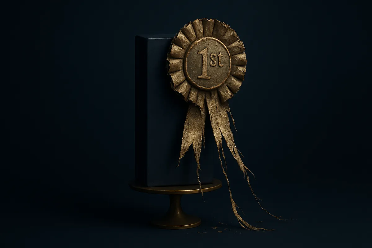 A plain product wearing a tarnished, unravelling first-place award rosette